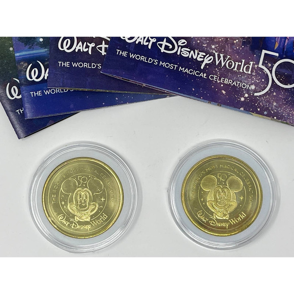 WALT DISNEY WORLD 50th Mickey & Minnie Mouse Gold Medallion Coins with 50th Maps - Picture 3 of 3